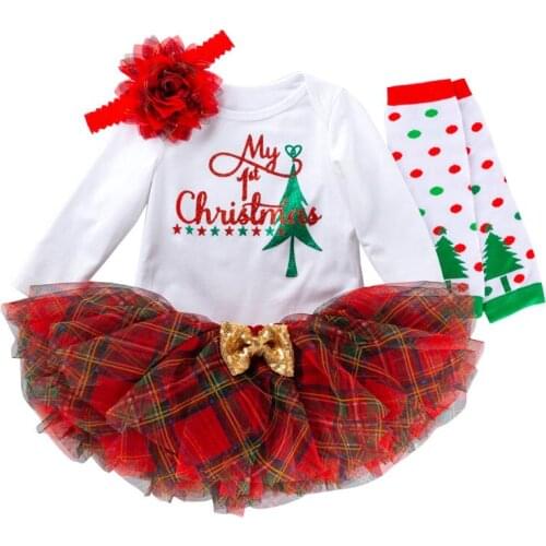 Baby Girls 1st Plaid Christmas Dress Golden Tutu Skirt Santa Baby Letter Tree Printed Romper Outfits for Infant Red Dress 0-24M