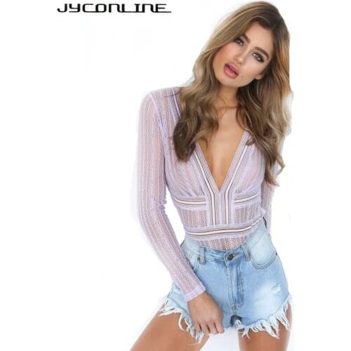 JYConline Deep V Neck Lace Bodysuit Women Sexy Transparent Backless Women Jumpsuit And Rompers Long Sleeve Skinny Body Top Party