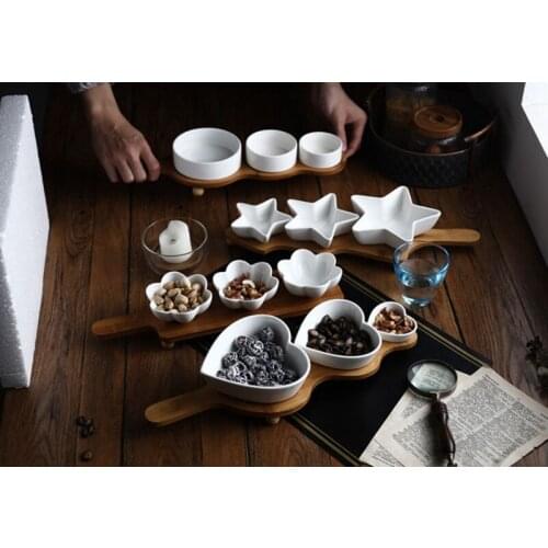 Ceramic Snack Plate With Bamboo Tray Dessert Plates Round Snack Nut Bowls Fruit Plate with Wooden Pallets