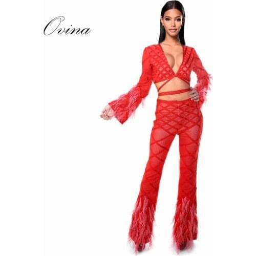 Red Top Quality V Neck Long Sleeve Striped Plaid Fur 2 Pieces Bodycon Bandage Women Sets