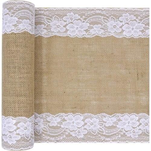 New Burlap Lace Table Runner, Rustic Natural Jute Table Decoration for Home Party Wedding Christmas Table Decor -12X108 Inch