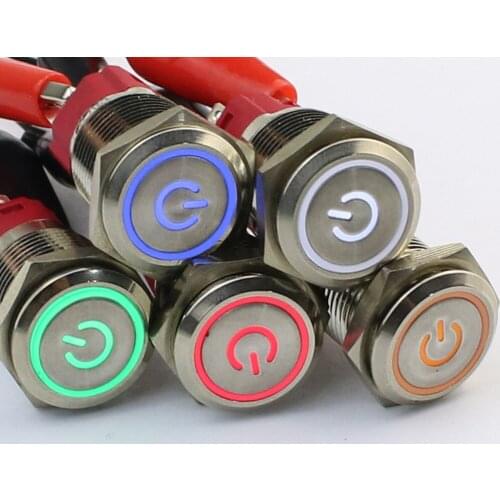 16mm metal push button switch Waterproof Flat circular button LED light self-lock self-reset button 1NO1NC 12V