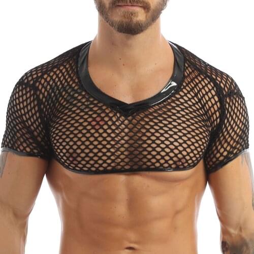Fashion Moto Men Exotic Tanks Tops Sexy Clubwear Costumes T-Shirts Short Sleeve Fishnet Mesh Vest Muscle Crop Tank Top