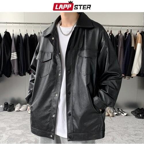 LAPPSTER Men Japanese Streetwear Harajuku Faux Leather Jacket 2021 Mens Oversized Vintage Fur Coat Male Casual Y2k Trench Coat