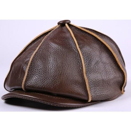 New Arrival 100% Genuine Leather Hat Male Autumn Winter Casual Leather Hat Adult Peaked Cap Outdoor Warm Octagonal Cap B-7171