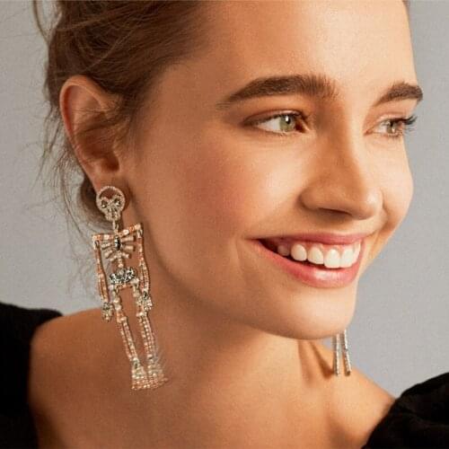 New High-Quality Alloy Inlaid AAA Zircon Skull Earrings, Funny Personality Bone Shelf Earrings Jewelry