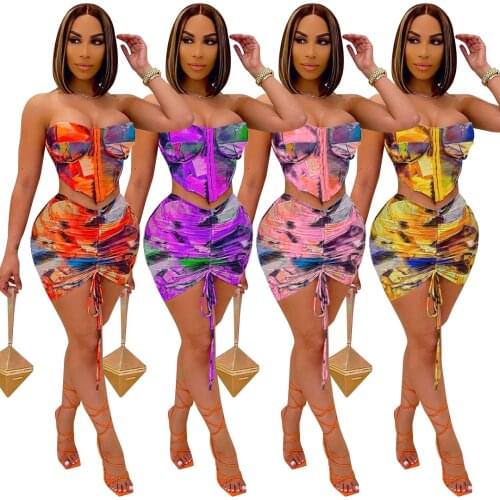 Sexy Lady Tie Dye Beach Mesh Womens Tracksuit Drawstring Ruched Mini Skirts Set Croset Crop Top Matching Two 2 Piece Outfit