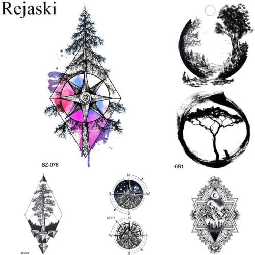 Rejaski Watercolor Pine Tree Tattoo Women Arm Temporary Tattoo Compass Men Hands Art Fake Tattoo Cypress Stickers Paste Paper