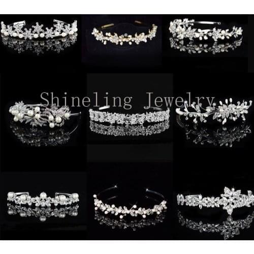 SLBRIDAL Alloy Wedding Tiara Rhinestones Headband Crystal Bridal Crown Headpiece Pearls Wedding Hair accessories Women Jewelry