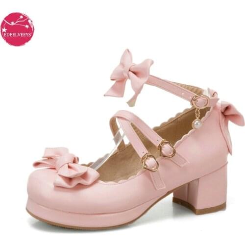 Sweet Bow Buckle Strap Mary Jane Shoes Woman Solid Color High Heel Platform Pumps Women Pink Lolita Ladies Colsplay Party Shoes