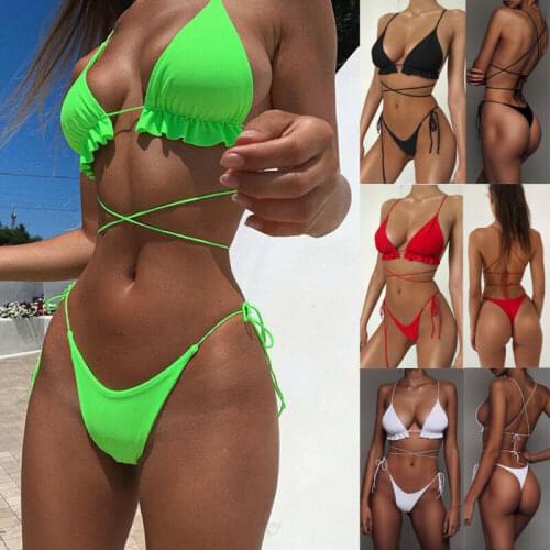 Women Sexy Push-Up Bandage Bikini 2021 Sexy Thong Brazilian Swimsuit For Women Solid Black Red Swimwear Bathing Suit