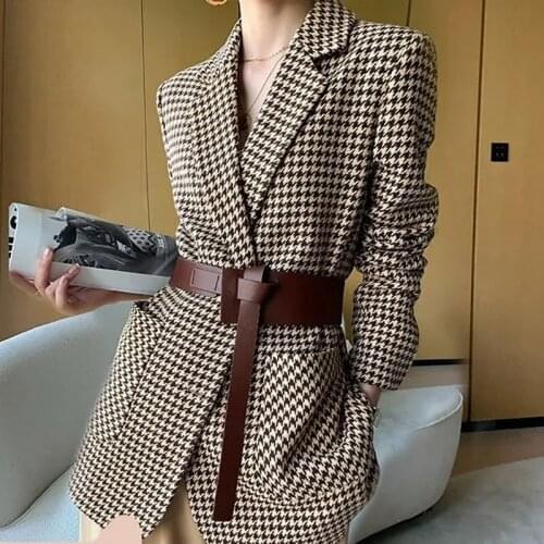 Vintage Wool Blazer Coat Women Houndstooth Autumn Winter Thick V-Neck Sashes Woolen Jacket High-End Fashion Plaid Suit Outerwear