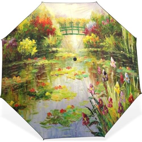 Monet Original Womens Umbrella Oil Painting 3 Folding Parasol Sun Protection Anti-UV Sun and Rain Umbrellas Lady Umbrella