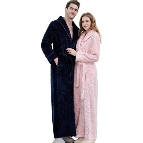 Winter Robe Lover Mens&Womens Flannel Thicken Solid Warm Long Bathrobe Winter Long Robe Mens Bath Robe with Belt