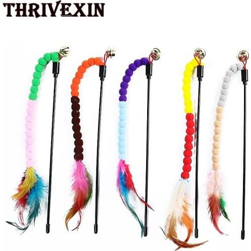 1pc Funny Cat Stick Toys Colorful Pompom Feather Wand Kitten Cats Teaser Interactive Toy Pet Toys Cat Supplies Cat Teasing Stick