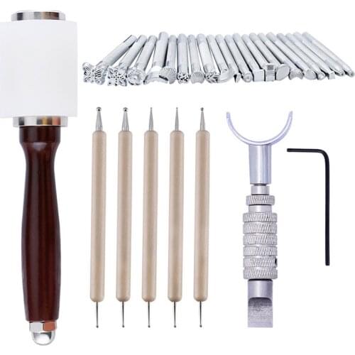 27pcs/lot Leathercraft Tool Set Leather Carving kits Wooden Hammer Stainless Steel Printing Tool Sewing Handmade Kit