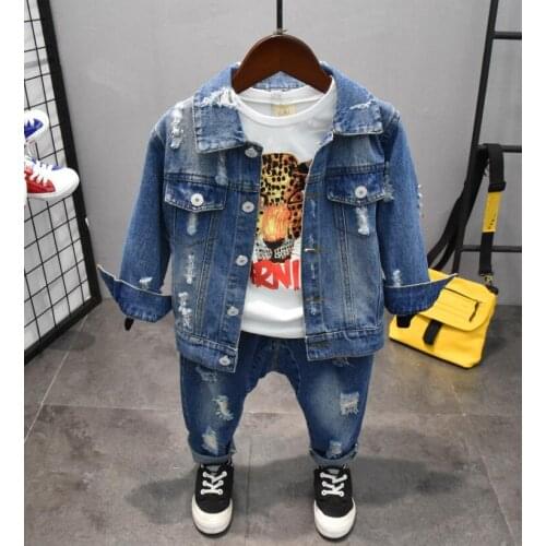 Spring Autumn Boys Clothing Sets Kids Denim top + patchwork T-shirt + jeans 3pcs Children Sport Suits Baby Boys Clothes Set