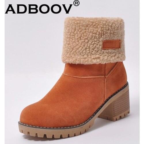 ADBOOV Fur Winter Boots Women 6 CM Chunky Heel Suede Ankle Boots Thermal Snow Furry Boots Shoes Woman Laarsjes Dames