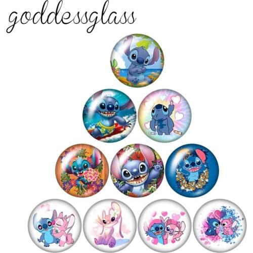 Disney Cute Stitch Angel Cartoon 10pcs 12mm/18mm/20mm/25mm Round photo glass cabochon flat back Necklace Making findings