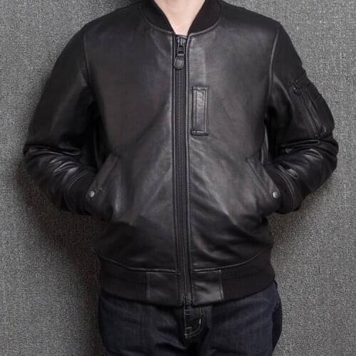 Mens water finish MA1 air force flight real leather bomber coat men japanese baseball jacket male