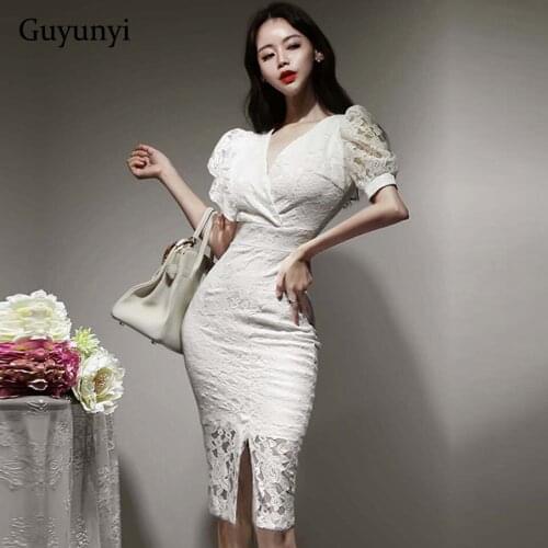 Elegant Lace White Dress 2021 Summer Sexy V-Neck Puff Sleeve Unilateral Ruffle Comfortable High Waist Tight Womens Party Dress