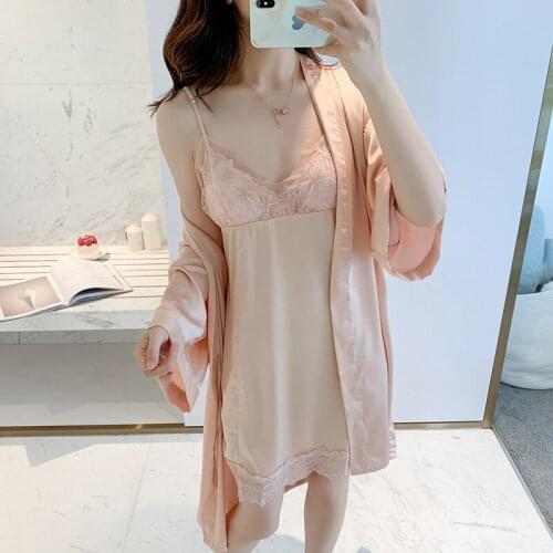 Nighty Kimono Robe Set Womens 2Pcs Nightshirts Sleep Suit V-Neck Pajamas Silky Sleepwear Homewear Nightdress Negligee Gown