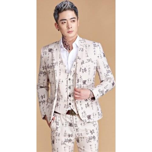 New mens print suits blazers Chinese style calligraphy and Chinese characters jackets best man host show singer performance