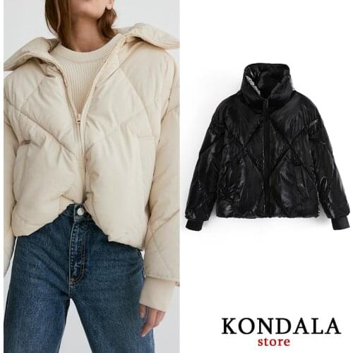 KONDALA Za Women Glossy Pleated Bubble Jackets 2021 Fashion Turn Down Collar Pockets Women Coats Loose Thick Casual Parkas Mujer