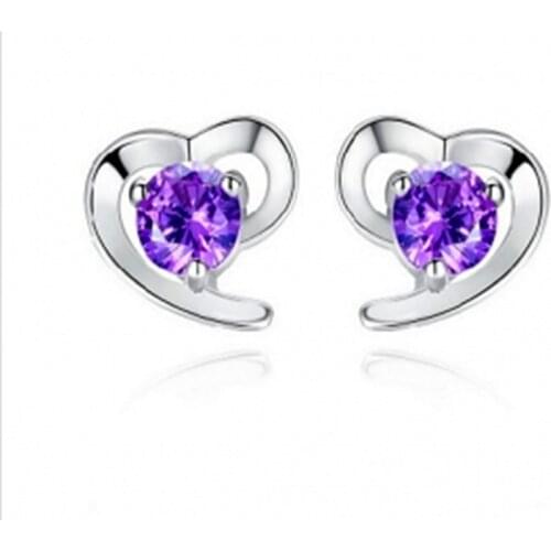Hot Selling New Fashion Cute Love Heart Earrings For Women Purple Crystal Stud Earrings Wedding Ear Jewelry Gift Wholesale