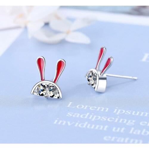 Cute Red Ear Rabbit Zircon Stud Earrings Fashion Girl Jewelry 925 Sterling Silver Earring Women Shining Birthday Present KOFSAC