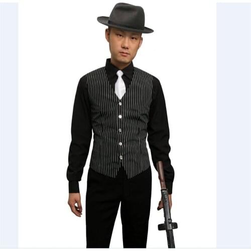 Mens Gangster Shirt Vest Tie Costume V Neck Waistcoat Men New Vertical Striped Suit Vest Slim for Wedding Business Halloween