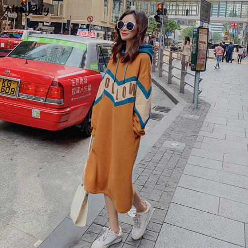 Long Sleeve Dress Women Loose Fall Warm All-match Korean Style Midi Thickening Baggy Plus Size 4XL Newest Basic Patchwork Orange