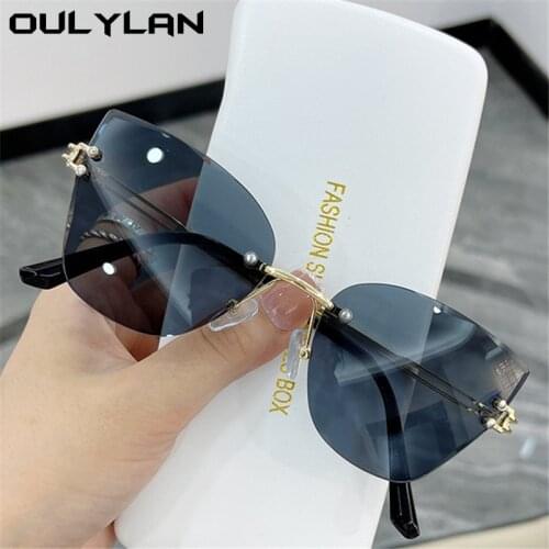Oulylan Fashion Cat Eye Sunglasses Women Trimming Rimless Sun Glasses LadiesVintage Metal Gradient Goggles Purple Pink Sunglass