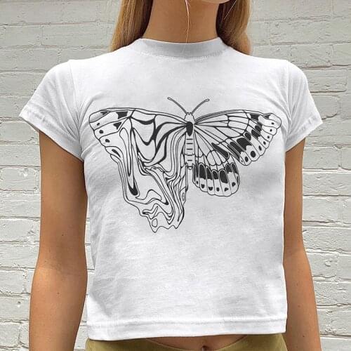 Women Summer Casual T-Shirt Adults Female Butterfly Print Short Sleeve Round Neck Pullover Tops White
