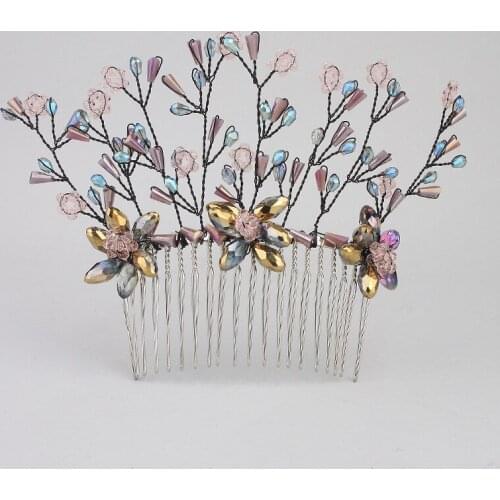 Women Crystal Hair Combs Wedding Hair Jewelry Accessories Handmade Hair Ornament Beads Shiny Bridal Head Decoration Plant Style