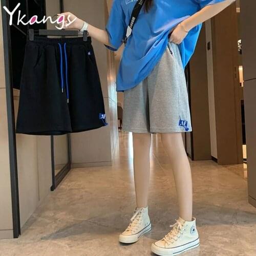Drawstring Letter Appliques Solid Black Biker Shorts for Women Ladies Summer High Waist Korean Style Casual Jogger Shorts Female