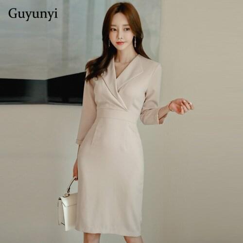 Professional Office Lady Dress 2021 Autumn Notched Neck Wrist Sleeve High Waist Slim Temperament Elegant OL Womens Dresses