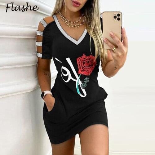 Sexy Mini Dress Women Sleeveless Flower Print Summer Dress Elegant V Neck Pocket Patchwork Hollow Out Party Dresses For Women