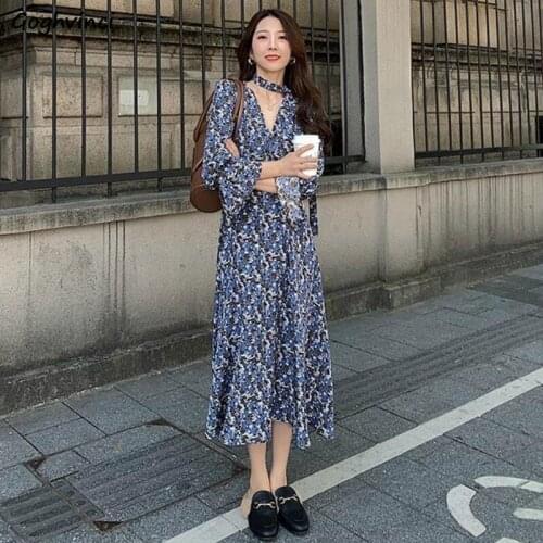 Dress Women V-neck Long Flare Sleeve Floral Printed Elegant All-match Ribbons Loose Casual Womens Chiffon Maxi Dresses Autumn