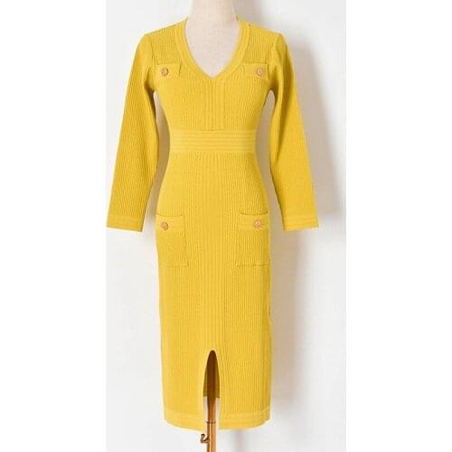 Midi Long Sweater Dress Women 2021 Autumn Winter Long Sleeve Dress Women Elegant V Neck Front Split Knitted Bodycon Dress Robes