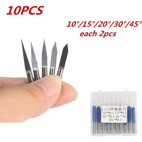 10Pcs 10/15/20/ 30/45 Degree Milling Cutter Tools set Carbide PCB Engraving Bits 3.175mm CNC Router Bit