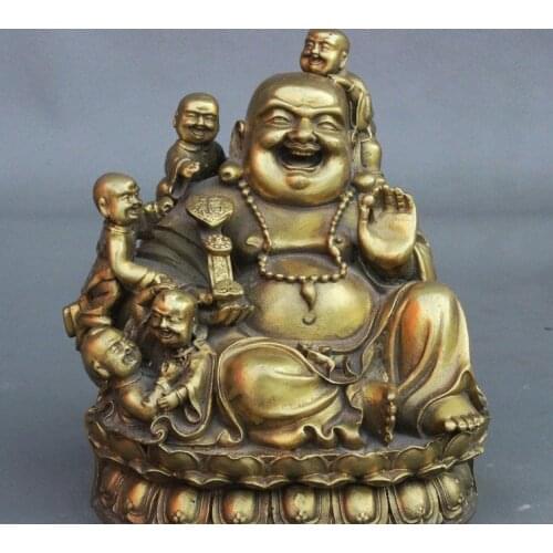 12cm Old China Buddhism Brass 5 Kid Fu RuYi Happy Laughing Maitreya Buddha Statue