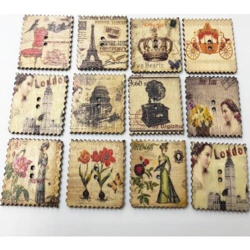 30pcs 25*30mm Tower Flowers Rectangle Wooden Buttons Sewing Clothings Handmade DIY Crafts Scrapbooking WB610