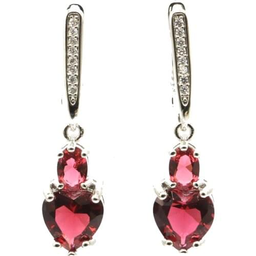 34x8mm Hot Sell Heart Shape Created Pink Raspberry Rhodolite Garnet White CZ Engagement Silver Earrings