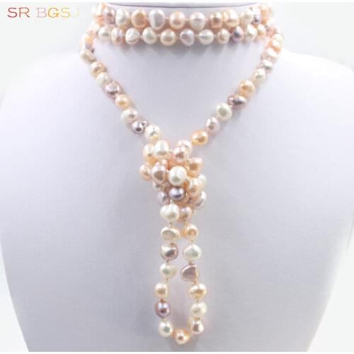 Free Shipping 8x10mm 48inch 64inch 100inch Freshwater Pearl Beads Knot Strand Pendant Jewelry Women Long Nice Necklace 35inch