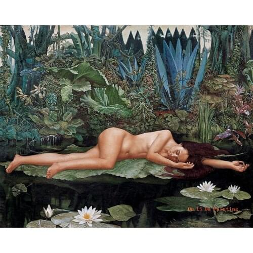 Free shipping forest elf sexy women nude art lotus landscape oil painting canvas prints on canvas wall art decoration pictures