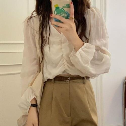 Alien Kitty V-Neck Puff Sleeve Tops High Waist Mujer Sexy 2021 Autumn OL High Street Loose Pure Color Women Elegant Slim Blouses