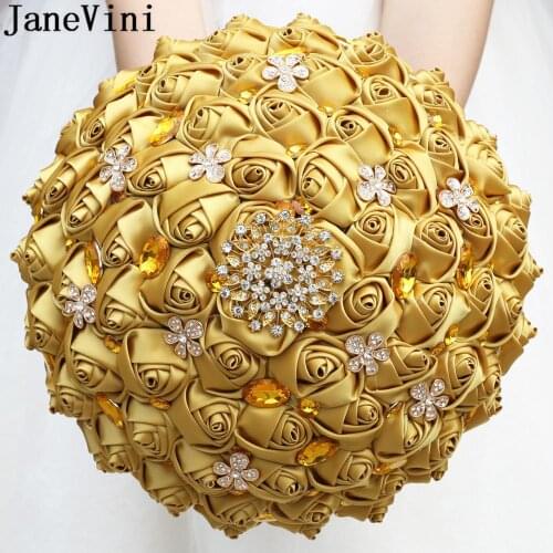 JaneVini 30CM Big Wedding Bouquet for Plus Size Bride Gold Luxurious Diamond Crystal Beaded Rhinestone Bridal Satin Hand Flowers