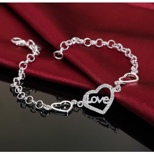 Silver color heart crystal for women lady cute noble nice bracelet fashion charm chain jewelry wedding party , LH015