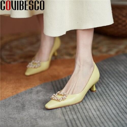 COVIBESCO Fashion Concise Basic Women Pumps Spring Summer Genuine Leather Pearl High Heels Shallow Shoes Woman Casual Working